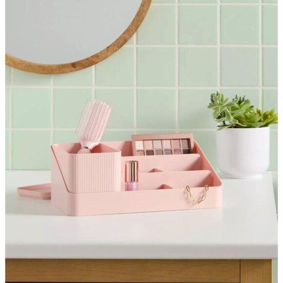 Room Essentials Pink Plastic Vanity Organizer With Dividers & Lid - Picture 2 of 7